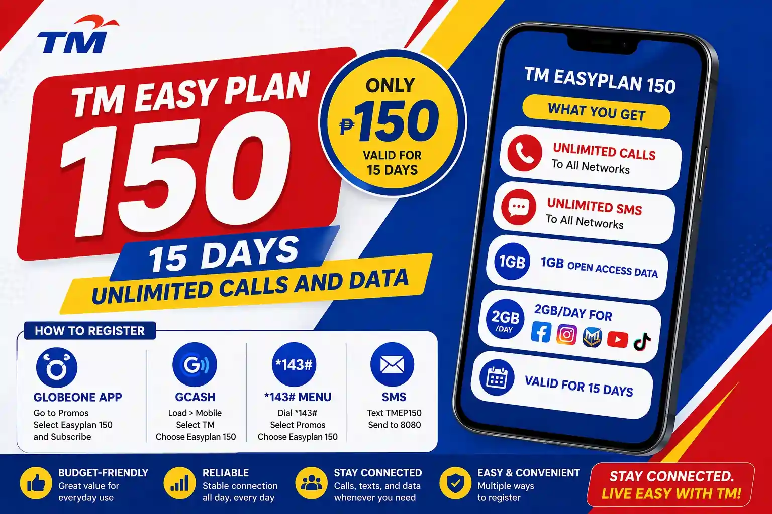 TM Easy Plan 150 Promo Banner showing unlimited calls, texts and data benefits