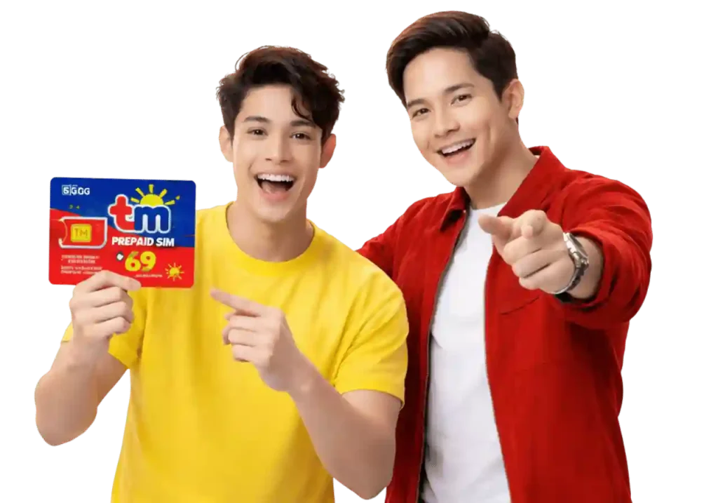 TM SIM Registration website hero image, 2 Philipino Influencers showing TM Card